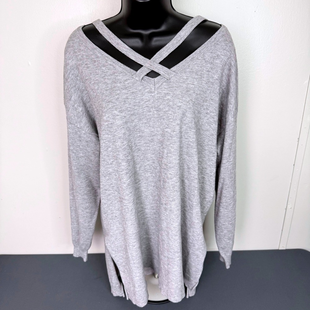 Umgee Sweater Womens Medium Crisscross V-Neck Long Sleeve Side Slit Knit Top